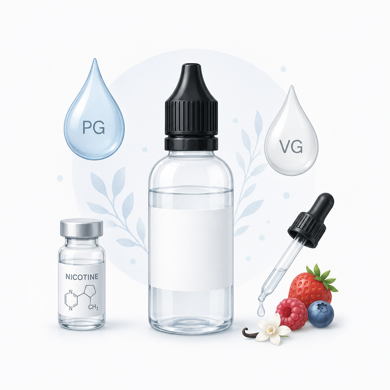 Composition et ingrédients d'un e-liquide Composition d’un e-liquide avec PG, VG, arômes et nicotine